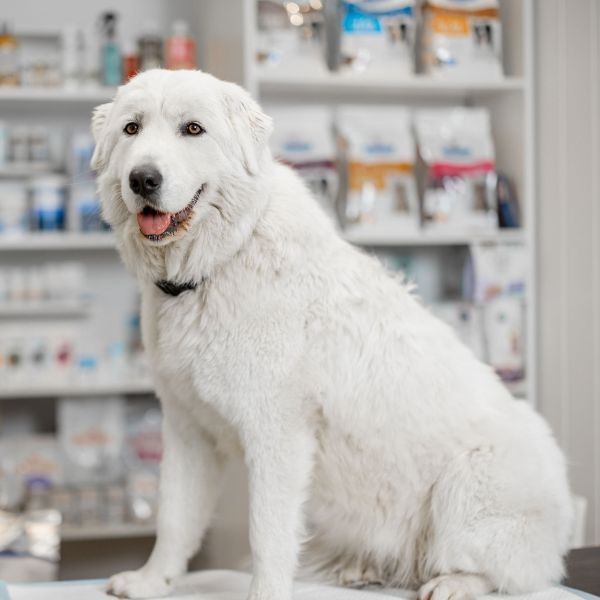 pharmacy (2) A white dog sitting on a table in a veterinary office